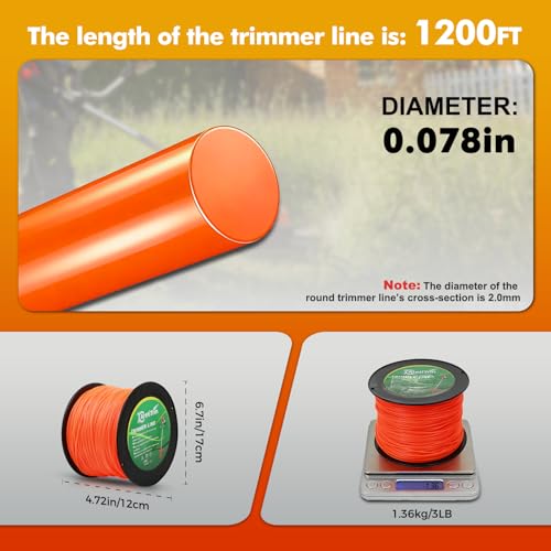 080 String Trimmer Line,Round Orange Weed Eater String, Premium Nylon Universal 0.080" Diameter x 3LB -1200ft for Lawn Edging & Thick Weeds - color: .080in × 3LB-Org