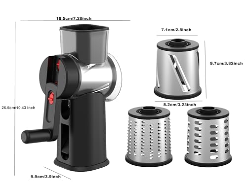 Rotary Cheese Grater Hand Crank with Foldable Handle, Three Blades - color: Black