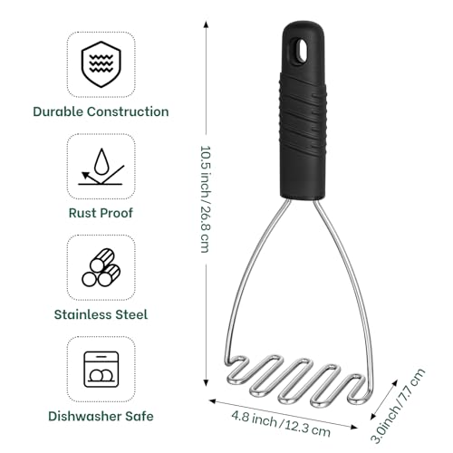 Beneno Ergonomic Soft Grip Stainless Steel Potato Masher, Black - color: Black