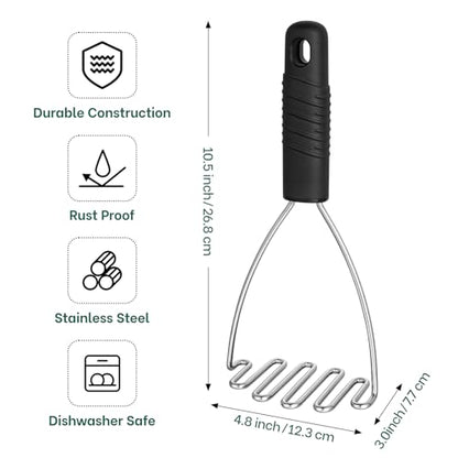 Beneno Ergonomic Soft Grip Stainless Steel Potato Masher, Black - color: Black
