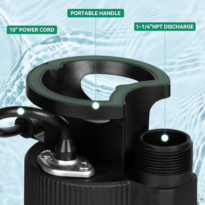 PUMPMAN 1/6HP Utility Pump, 1850 GPH Submersible Water Pump with Handle, Thermoplastic Portable Well Pump IPX8 Waterproof for Pools, Basements, Car Washing, Garden - style: 1/6HP 1850GPH