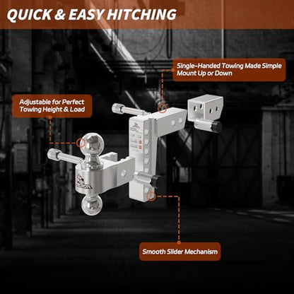Adjustable Aluminum Hitch Mount for 2.5" Receiver, 6" Drop/Rise - size: 2" & 2.5" w/ Sleeve, 6" Drop/Rise