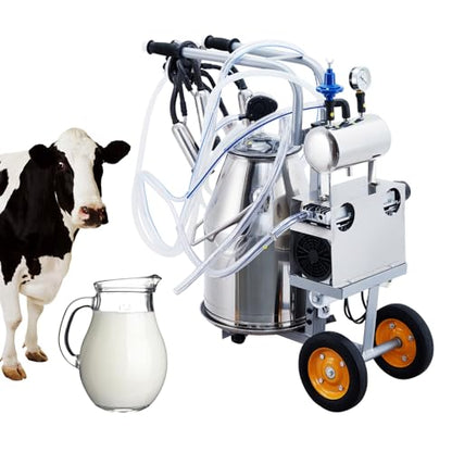Takywep Electric Milking Machine for 5-8 Cows per Hour, 55KPA 15000 RPM Portable Vacuum Milker with 25L 304 Stainless Steel Bucket & Soft Silicone Cups, Farm Dairy Equipment for Cows and Goats