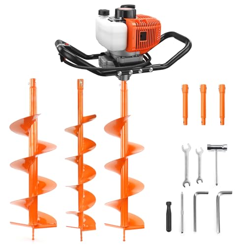 NEO-TEC 63CC Post Hole Digger Gas Powered, 2-Stroke Earth Auger with 6", 8" & 10" Auger Bits + 3 Extension Bars, Heavy Duty Ice Auger & Fence Post Hole Digger for Soil, Clay & Frozen Ground - size: 63CC+6"+8"+10"+3 Extension