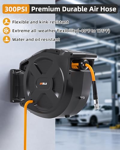 Retractable Air Hose Reel, 3/8" x 65Ft Flex Hybrid Air Hose Max 300PSI Kink-resistant Air Compressor Hose Reel Auto Rewind with 6Ft Lead in, Quick Connect, 180° Swivel Mounting Kit. - size: 65FT
