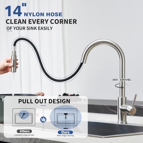 Tohlar Kitchen Sink Faucets with Pull Down Sprayer Brushed Nickel - color: Brushed Nickel, style: Standard