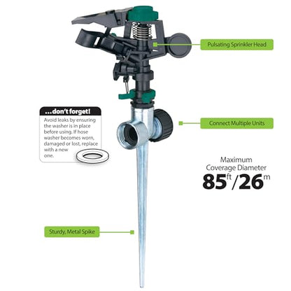 Melnor 65152AMZ Plastic Pulsating Sprinkler on Metal Spike, Quick Connect Amazon Bundle, Black, Green - style: Metal Spike, Plastic Head