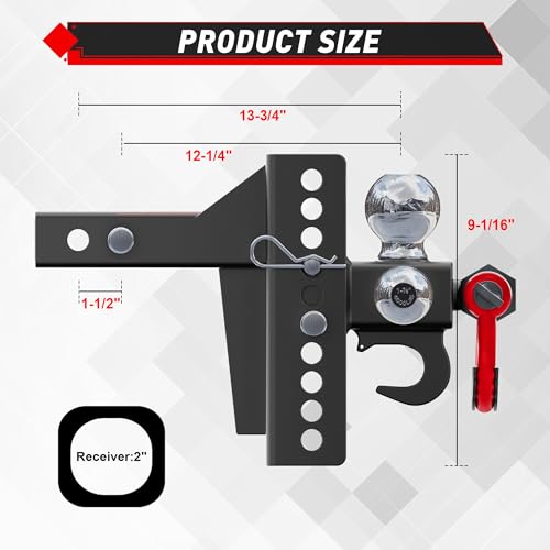 TYT Adjustable 5-in-1 Tri-Ball Hitch Ball Mount for 2-Inch Receiver - size: Adjustable Tri-Ball with Hook & Shackle