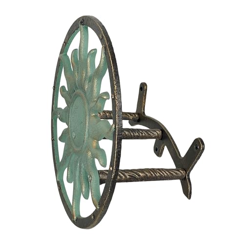 Zeckos Garden Hose Holder Sun 11.5 Inch Cast Iron Verdigris Bronze - color: Sun - Green