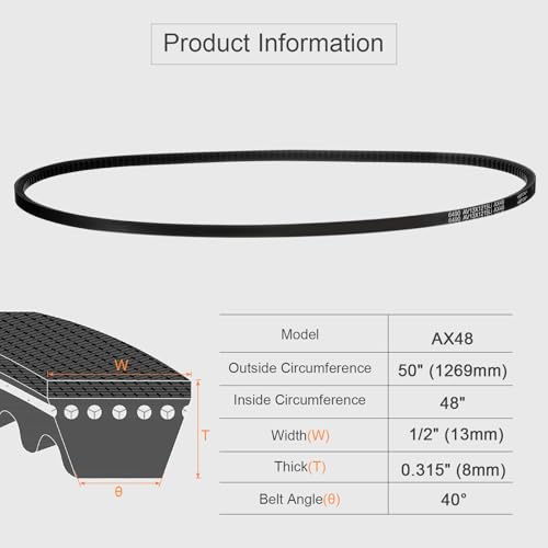 uxcell AX48 EPDM V-Belt, Raw Edge Cogged Industrial Rubber V Belt 1/2" Width x 48" Inside Circumference - size: AX48