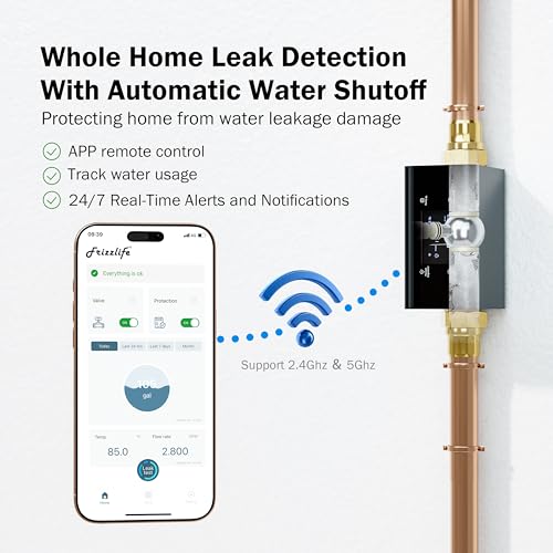 Frizzlife LP365 Smart Water Monitor and Automatic Shutoff - 0.01GPM Ultrasonic Micro Leak Detection, APP Wi-Fi Remote Control, Real-Time Flow/Temp Monitoring, NSF/ANSI 61 & 372 Certified, 1.25" and 1" - size: 1”＆1.25”