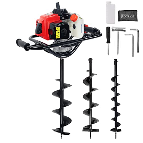 XtremepowerUS 63cc Post Hole Digger Fence Tree Hole Powerhead Digger with 3 Pieces Auger Bit 4", 6" & 8" Bit Set, Red/Black