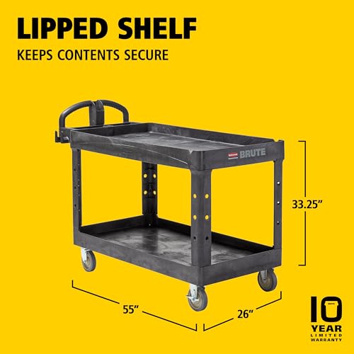 Rubbermaid Commercial Products BRUTE Heavy Duty 2-Shelf Utility/Service Cart, Medium, Lipped Shelves, Ergonomic Handle, 750 lb Capacity, Black, for Warehouse/Garage/Cleaning/Office - color: Black, size: Large, style: 2-Shelf