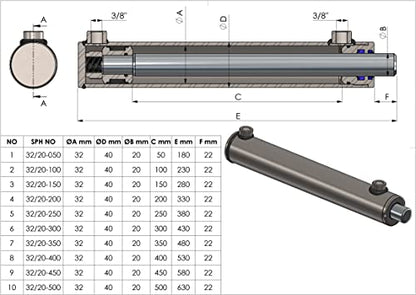 Spare Parts Holland - Double Acting Hydraulic Cylinder, 1.26" Tube with 0.8" Chrome Rod, 12" Stroke Length, Professional Grade - size: 1.26" - 12"