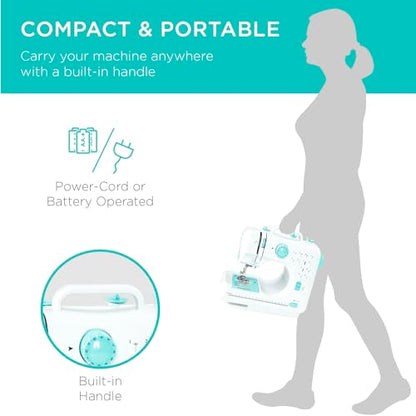 Best Choice Products Compact Sewing Machine, 42-Piece Beginners Kit, Multifunctional Portable 6V Beginner Sewing Machine w/ 12 Stitch Patterns, Light, Foot Pedal, Storage Drawer - Teal/White - color: Teal/White