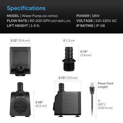 AC Infinity 220 GPH Submersible Water Pump (833 L/H, 18W). - size: 220 GPH