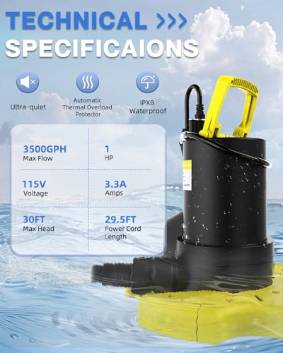 AgiiMan 1HP Automatic Pool Cover Pump, Submersible Sump Pump, Yellow - color: Yellow