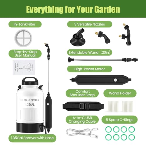 1.35 Gallon Battery Powered Sprayer, USB Pump Sprayer with Extendable Wand