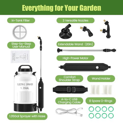 1.35 Gallon Battery Powered Sprayer, USB Pump Sprayer with Extendable Wand
