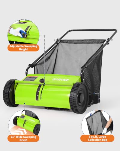 21" Push Lawn Sweeper, 6 Cu.Ft. Hopper, 3 V-Shaped Brushes, Height Adjustable - color: Green, size: 21in
