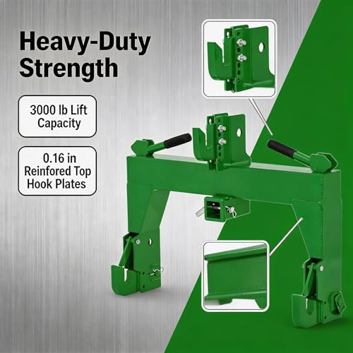 3-Point Quick Hitch for Tractors, 28 in Lower Arm Spacing, 3000 Lb Lift Capacity, 5-Position Adjustable Top Hook, Bolt-on No-Weld/No-Drill Adapter, Heavy-Duty 3x3 Steel, Powder-Coated Green - color: Green with Gloves