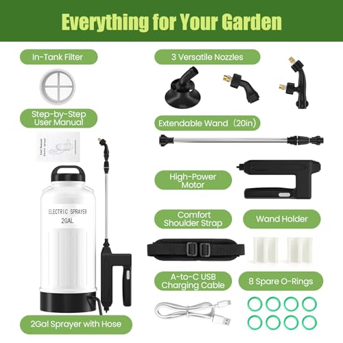 2 Gallon Battery Powered Sprayer, Electric Pump Sprayer with Thickened Tank, Wide Mouth, Kink-Proof Hose, Retractable Wand, 3 Adjustable Nozzles, Shoulder Strap for Lawn and Garden Cleaning