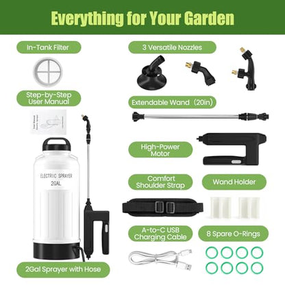 2 Gallon Battery Powered Sprayer, Electric Pump Sprayer with Thickened Tank, Wide Mouth, Kink-Proof Hose, Retractable Wand, 3 Adjustable Nozzles, Shoulder Strap for Lawn and Garden Cleaning