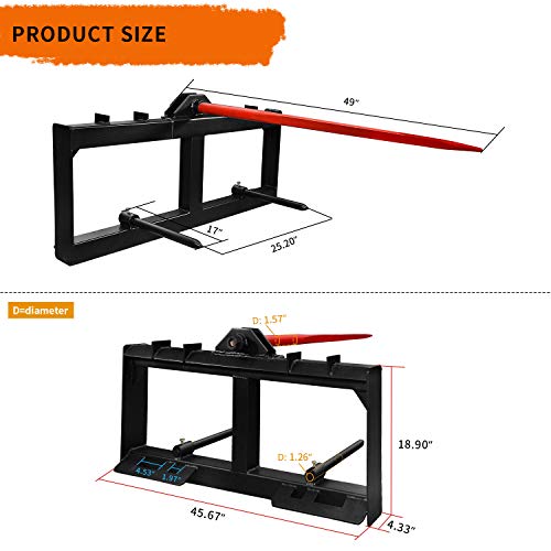 YINTATECH 49" Hay Spear 2000 lbs Quick Attach Skid Steer Spears - color: Black
