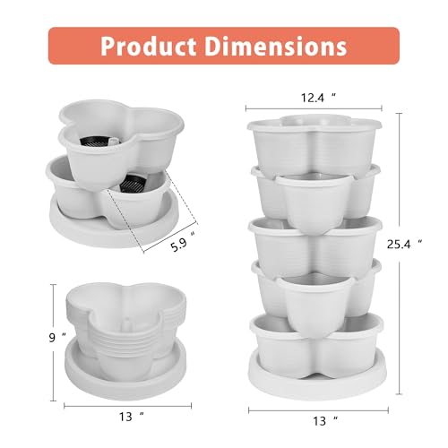 VECELO 5 Tier Vertical Garden Planter, Self Watering Stackable Planters with Wheels for Strawberries, Herbs, Flowers, Vegetables, White - color: White, size: 5 Tier