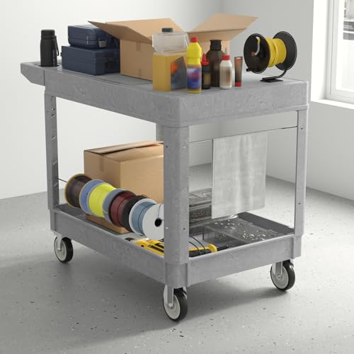 Plastic Utility Cart on Wheels, Large Flat Top Rolling Service Cart-Gray - color: Gray, size: 46 x 25 Inch
