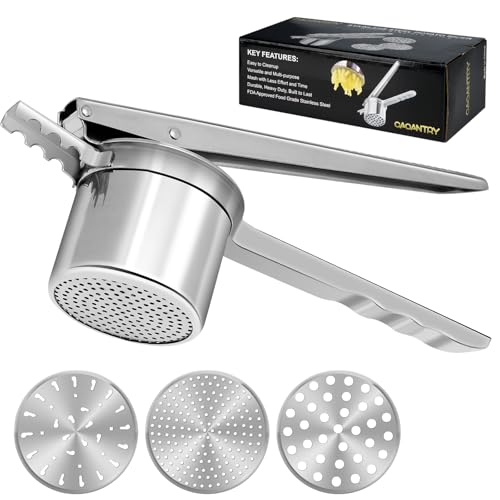 Potato Ricer 15oz, Heavy Duty Stainless Steel Potato Masher and Ricer for Mashed Potatoes,with 3 Interchangeable Discs, Potato Press Kitchen Tool for Mashed