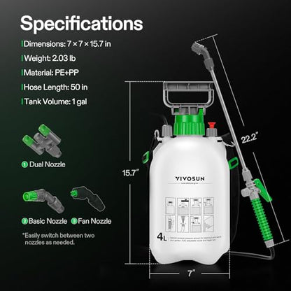 VIVOSUN 1 Gal/4L Pump Sprayer, Garden Water Sprayer for Plants, Weeds & Lawn Care, with 3 Nozzles, 50'' Long Hose & Pressure Relief Valve (Pack of 2) - size: 1.0 gal (Pack of 2)