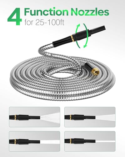 Non-Expandable Metal Garden Hose 50 Feet with Sprayer Nozzle, Flexible, No Kinking, Lightweight & Heavy Duty Water Pipe, Stainless Steel Outdoor Water Hose for Yard 50 ft, Male to Female Connector - size: 50ft