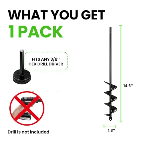 K-Brands Auger Drill Bit for Planting – 1.8 x 14.6 Inch - Garden Spiral Hole and Bulb Planter Tool for Umbrella Holes - 3/8 Inch Hex Drive - size: 1.8 x 14.6 Inch