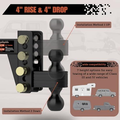 2" Adjustable Trailer Hitch, Dual Ball Hitch, 4 inch Rise/Drop - size: 4 inch