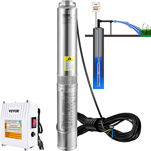 VEVOR Deep Well Submersible Pump 1.5 HP 115V/60Hz 37 GPM Flow 276 ft Head | for Industrial Irrigation & Home Use, 4" Stainless Steel Water Pump, with 33 ft Cord, External Control Box, IP68 Waterproof - style: 1.5HP/115V w/ control box
