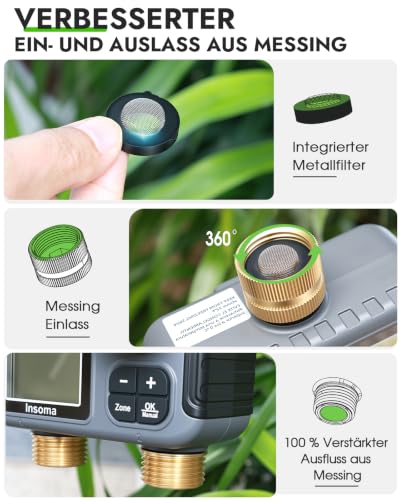 Insoma 2-Zone Sprinkler Timer Brass Inlet/Outlet, Water Hose Timer with Auto/Manual Modes + Rain Delay | Big LCD Dispay | Hose Timers for Garden, Yard Lawn, IPX5 Waterproof & Save Water - size: 2 Zone-V2.0-Brass