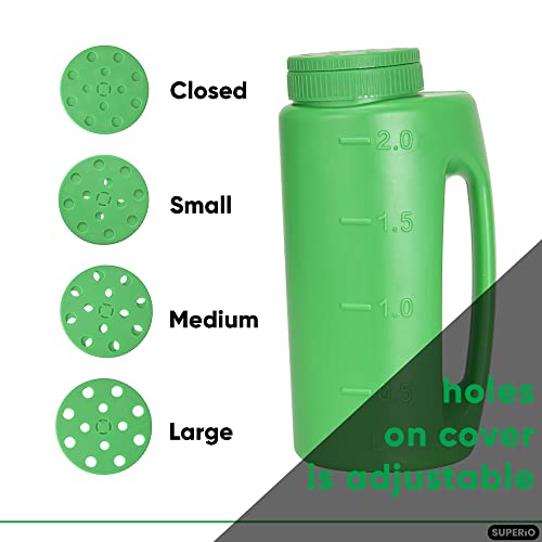 Superio Lawn Seed Spreader, Handheld Shaker for Lawn Seeds, Ice Melt Salt, Calcium, Deicer, Weed and Feed Spreader, 2 Liter, Adjustable Hole Size, with Cut Out Handle - color: Green