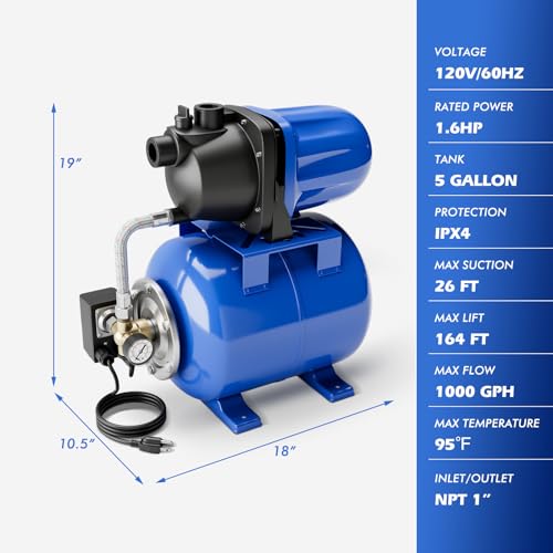 Goplus 1.6HP Shallow Well Pump with Pressure Tank, 1000GPH-5Gal Automatic Water Booster Jet Pump for Water Supply System, Irrigation Water Pump for Home, Garden & Lawn, 1200W (Blue) - color: Blue