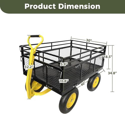 Heavy Duty 1400 lbs Capacity Steel Garden Cart with Removable Mesh Sides & 16" Tires, Convertible Flatbed Utility Wagon for Farm, Yard, Lawn, and Beach Use, Yellow - color: Yellow, size: 1400 LBS