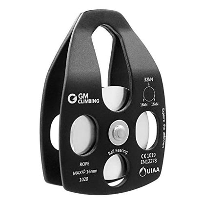 GM CLIMBING Large Rescue Pulley 32kN Single Sheave with Swing Plate CE UIAA Certified - color: Black | 1 Pack