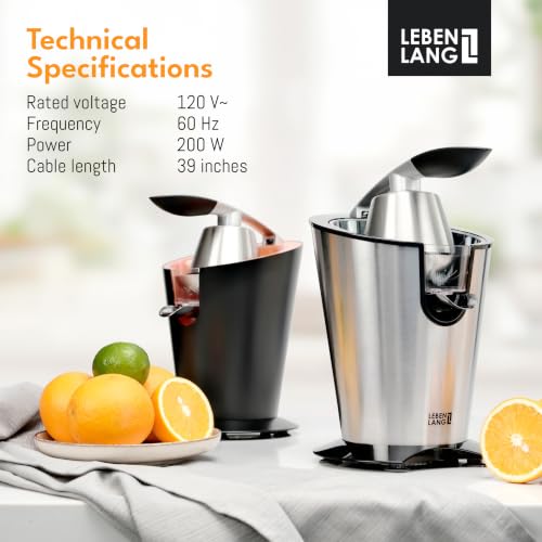 LEBENLANG Stainless Steel Electric Orange Juicer 200W I Incl. Stainless Steel Cone & BPA-Free | 24oz Electric Juicer Citrus Press Fruit Press I High Juice Yield for Oranges & Lemons - color: Silver
