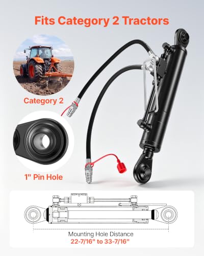 VEVOR Hydraulic Top Link Cat. 2-2 (11 in Stroke, 22-7/16 in to 33-7/16 in), Max 2900PSI Hydraulic Cylinder with 2 Hoses & G3/8" Check Valves for Tractors
