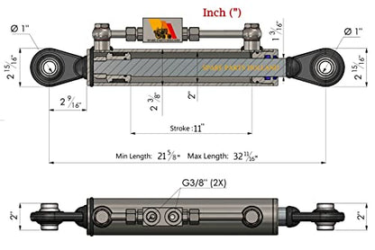 Hydraulic Top Link Cat. 2-2 with Locking Block 21 5/8” - 32 11/16” with 2 x Hoses