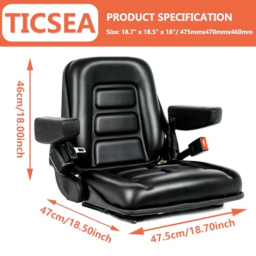TICSEA Universal Forklift Seat, Tractor Seat with Adjustable Angle Back, Armrest And Safety Belt,for Tractor, Excavator Skid Loader Backhoe Dozer Telehandler