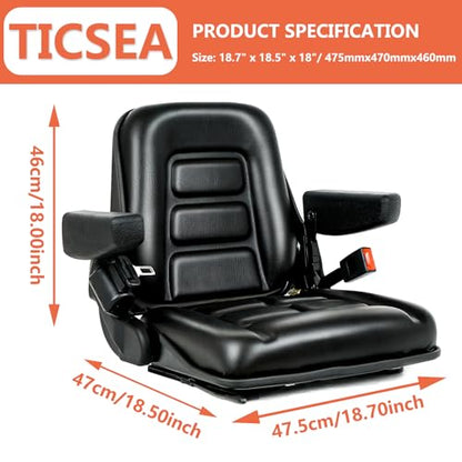TICSEA Universal Forklift Seat, Tractor Seat with Adjustable Angle Back, Armrest And Safety Belt,for Tractor, Excavator Skid Loader Backhoe Dozer Telehandler