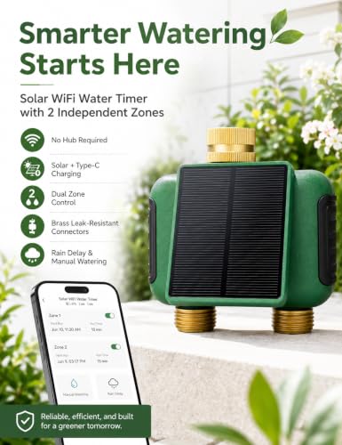 MOES Solar WiFi Hose Timer, 2-Zone Sprinkler Water Timer, Brass Fittings