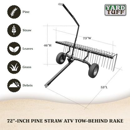 Yard Tuff 72 Inch Durable Steel Rake, Wheels, Lift Handle & Hitch for ATV, UTV, or Tractor - size: 72 Inch