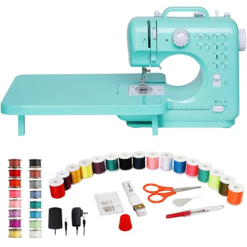 Sewing Machine for Beginners with Extension Table, Mini Sewing Machine Kit - color: Cyan with Extension Table