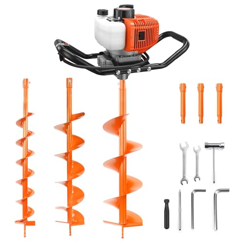 NEO-TEC 63CC Post Hole Digger Gas Powered, 2-Stroke Earth Auger with 4", 6" & 8" Auger Bits + 3 Extension Bars, Heavy Duty Ice Auger & Fence Post Hole Digger for Soil, Clay & Frozen Ground - size: 63CC+4"+ 6"+8"+3 Extension